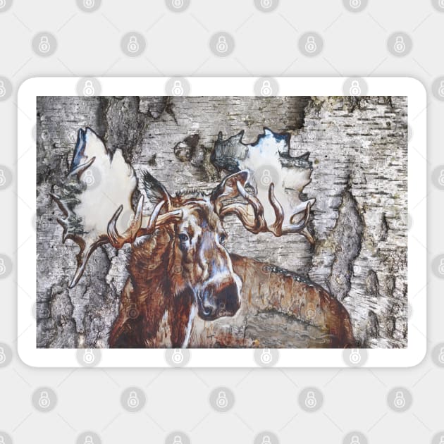 Majestic Moose Head with Enormous Antlers - Birch Bark Painting Sticker by Vlad